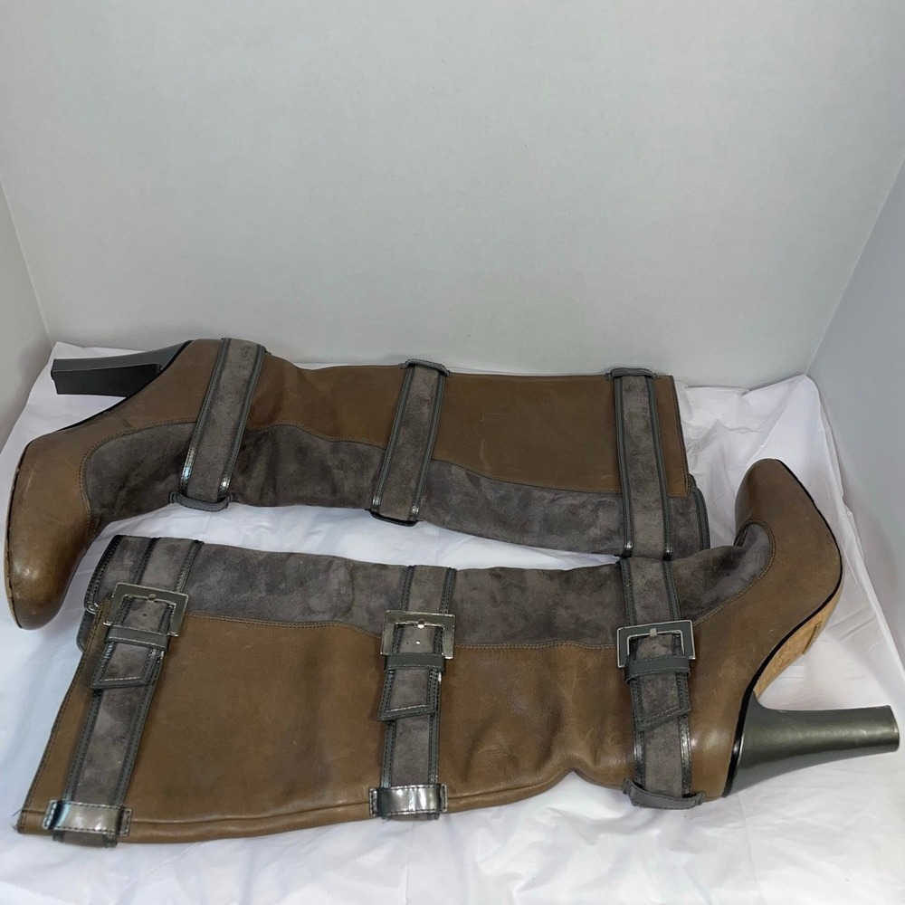 Cole Haan Tall Boots Brown Leather Grey Suede Buckle Knee High 8.5B‎